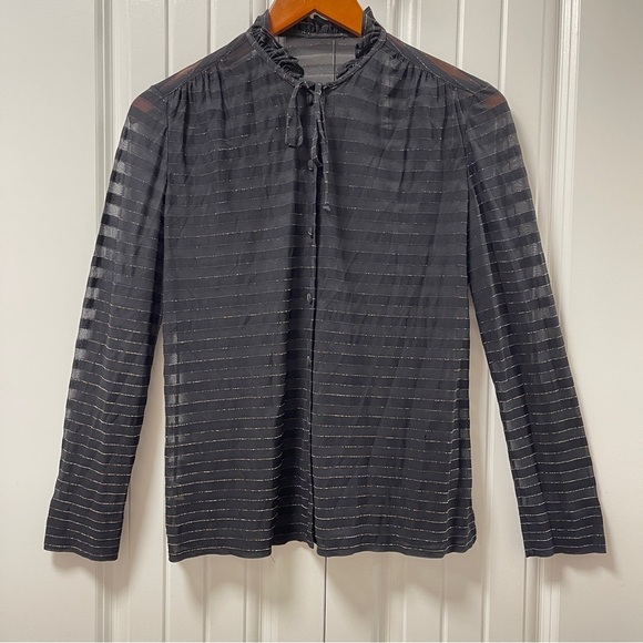 Vintage Italian Sheer Shimmer Button-Up Ribbon Blouse Black Gold - Picture 2 of 16